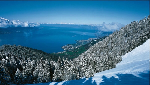 Вид на Женевское озеро с вершины Роше-де-Не. Добраться наверх можно на поезде.